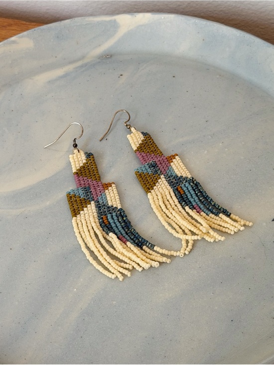 Small designer Jewelry - Handmade Glass Beaded Fringe Earrings in Cream, Blue & Olive
